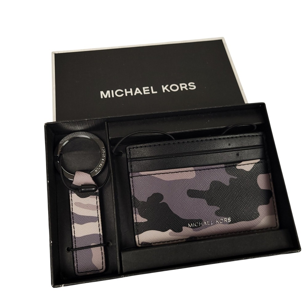 Michael Kors Camo Card Wallet Keychain Gift Set Gray Black New Boxed Fathers Day
